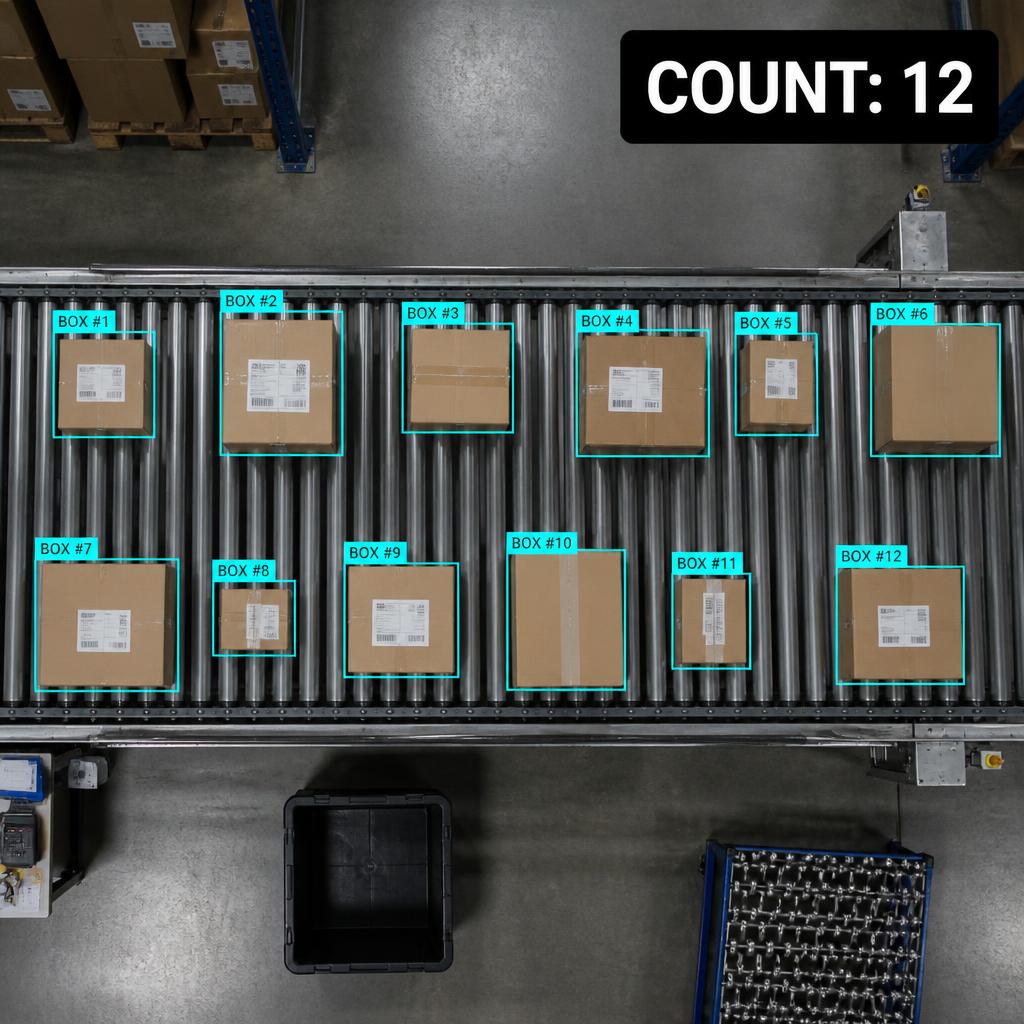 Parcels on a warehouse conveyor with cyan bounding boxes numbered BOX #1 to BOX #12 and a COUNT: 12 overlay