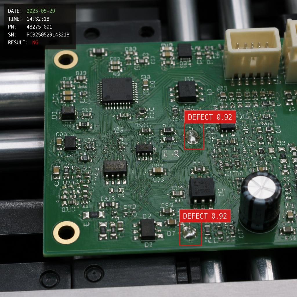 Green PCB on a conveyor with two red DEFECT bounding boxes around bad solder joints