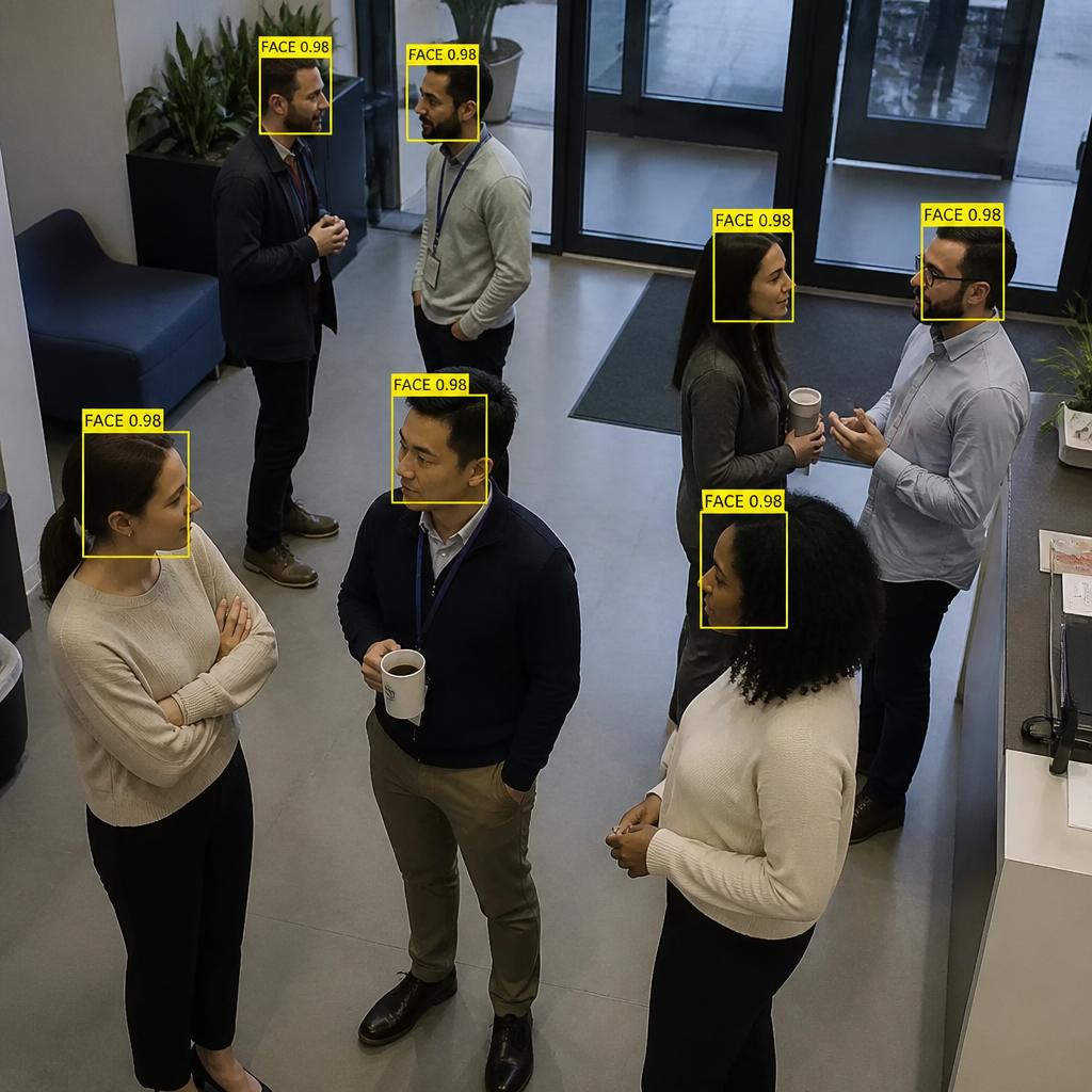 Group of people in an office lobby with yellow FACE bounding boxes around each face