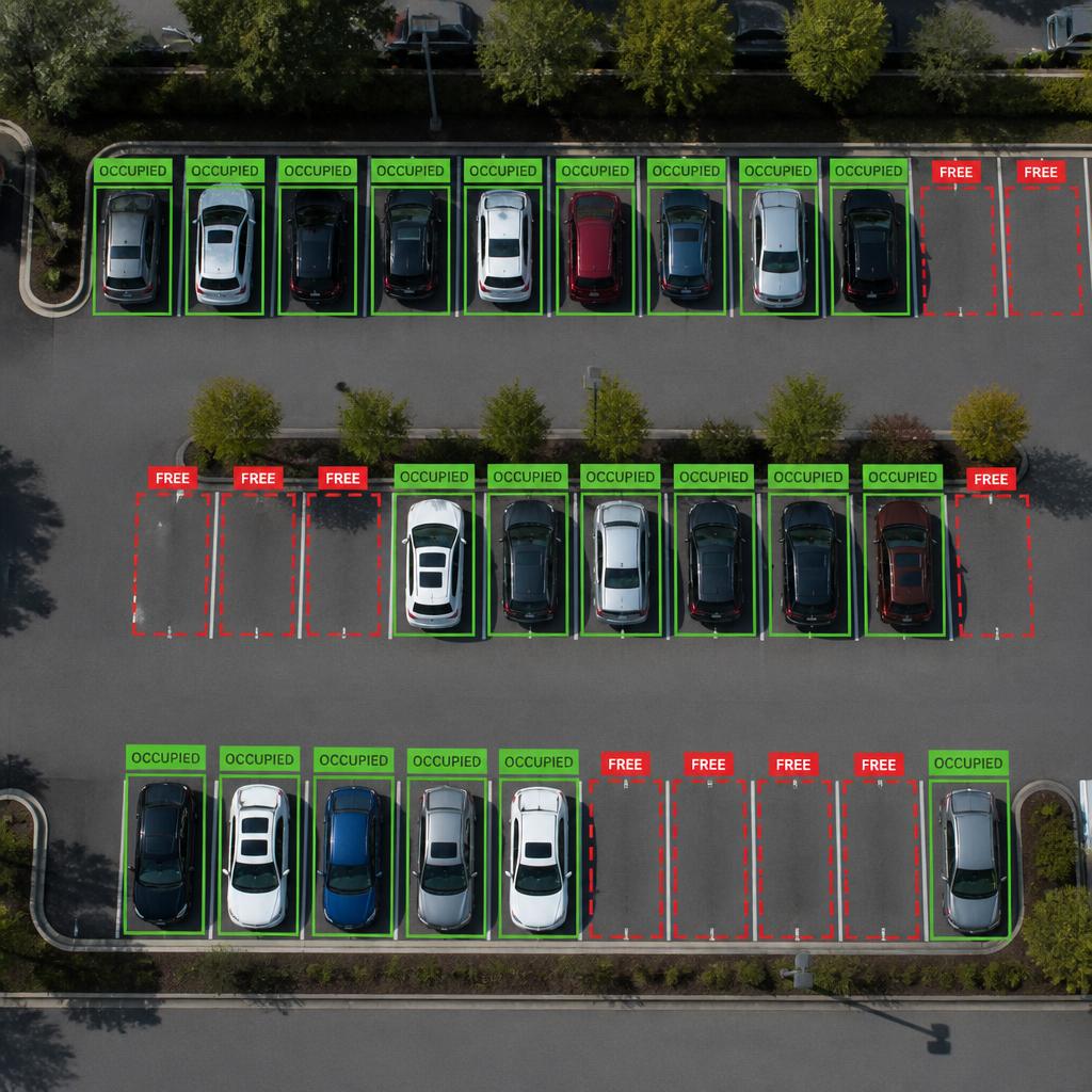 Aerial parking lot with green OCCUPIED and red FREE bounding boxes on every stall
