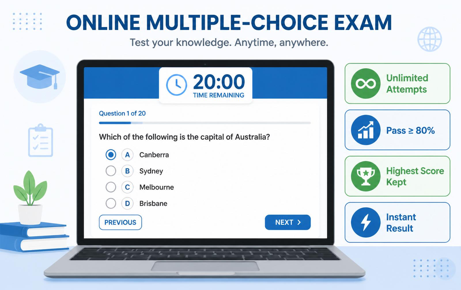 Online multiple-choice exam concept: 20 minute timer, unlimited attempts, pass at 80 percent, highest score kept, instant result